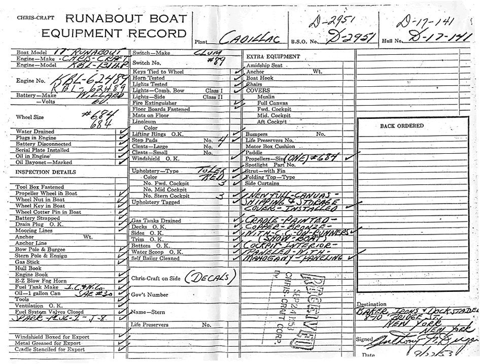 Chris Craft - original build sheet. Runabout boat equipment record